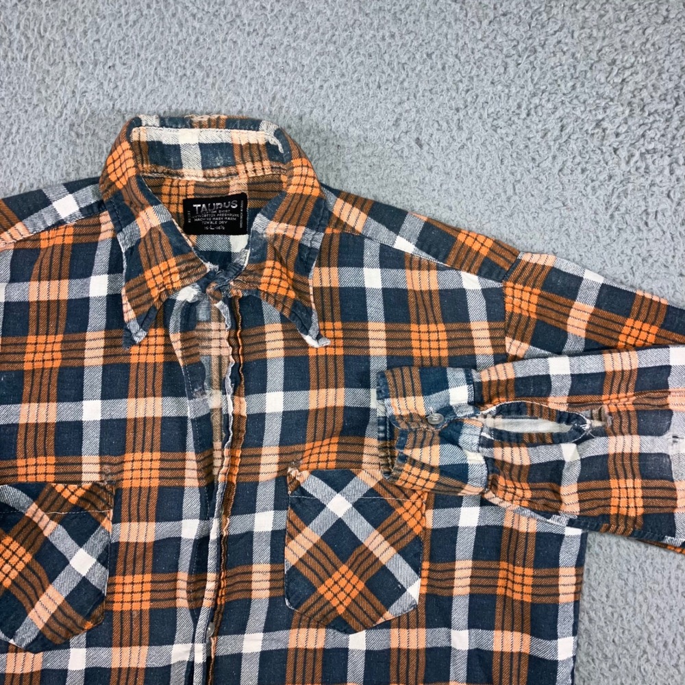 Vtg 80s Taurus Flannel Shirt Men L Orange Blue Plaid Button Up Outdoor Grunge